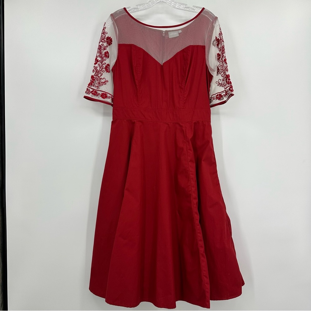 Eshakti Dress Netting Bodice Embroidered Sleeve A-line Red Size 10 - Picture 4 of 7
